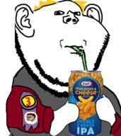 2soyjaks amerimutt arm beer bobo_the_sharty_janny can clothes drinking drinking_straw ear hair hand holding_object kraft looking_at_you macaroni_and_cheese monkey nate open_mouth soyjak stubble subvariant:impdrink subvariant:impish_amerimutt suspenders variant:impish_soyak_ears yellow_hair // 513x577 // 188.6KB