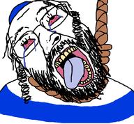 beard bloodshot_eyes clothes crying glasses hair hanging hat jewish_nose judaism kippah mustache open_mouth rope series:spinnerz! soyjak suicide tongue trannyspin variant:bernd yellow_teeth // 760x704 // 124.7KB