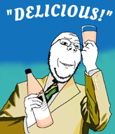 clothes drinking holding_object looking_at_object propaganda propaganda_poster soy soylent soylent_(cacao) subvariant:wholesome_soyjak suit variant:gapejak // 720x844 // 191.9KB