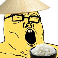 asian closed_eyes clothes food glasses hat open_mouth rice rice_hat small_eyes soyjak variant:tony_soprano_soyjak yellow // 600x600 // 165.0KB
