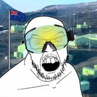 angry antarctic_base antarctica country flag flag:new_zealand glasses goggles irl_background mustache new_zealand open_mouth scott_base snow soyjak stubble variant:feraljak // 750x750 // 737.2KB