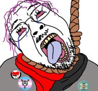 anarchism antifa badge bloodshot_eyes communism crying eyelashes glasses hair hanging left_wing leftist mustache open_mouth purple_hair rope soyjak stubble suicide tongue tranny vaccine variant:bernd yellow_teeth // 768x719 // 105.4KB