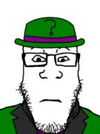 batman_(series) closed_mouth clothes glasses green_shirt hat soyjak stubble subvariant:neutralplier suit the_riddler variant:markiplier_soyjak // 600x800 // 49.3KB