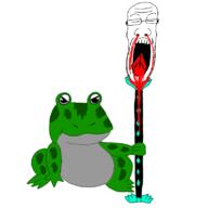 bant_(4chan) blood closed_eyes dead frog glasses gore holding_object holding_spear impaled nosebleed nsfl open_mouth redraw severed_head soyjak spear stubble variant:markiplier_soyjak weapon // 800x800 // 97.5KB