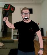 4chan 4cuck angry banhammer blue_eyes brown_skin clothes full_body glasses holding_object jay_louis_irwin looking_at_you moderator stubble swaglord tshirt variant:feraljak // 800x945 // 481.8KB