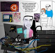 4soyjaks anime arch_linux arm balding brown_hair closed_mouth clothes computer ear female full_body glasses gnulinux hair hand leg meta:duplicate peanut_butter_jelly_time penguin serial_experiments_lain soyjak speech_bubble stubble subvariant:chudjak_front text tranny tshirt tux ubuntu variant:chudjak variant:impish_soyak_ears wrinkles // 1280x1219 // 214.8KB