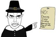 angry black button christianity closed_mouth clothes ear england glasses hair hand hat nail nose paper pilgrim pointing puritan soyjak subvariant:chudjak_front text thanksgiving united_states variant:chudjak // 750x501 // 198.6KB