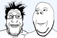 2soyjaks aliased are_you_soying_what_im_soying glasses hair looking_at_each_other raised_eyebrow series:trios_&_duos smirk soyjak stubble subvariant:wholesome_soyjak template transparent_background variant:gapejak variant:markiplier_soyjak // 1200x800 // 32.9KB