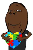 autism autism_puzzles black_skin darius dark_hair grey_shirt holding_heart holding_object puzzle puzzle_piece smile stubble subvariant:wholesome_soyjak tiktok variant:gapejak // 676x1021 // 174.6KB