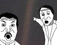 2soyjaks carl_sagan clothes hair hand irl_background mustache neil_degrasse_tyson open_mouth soyjak space suit variant:two_pointing_soyjaks // 750x603 // 451.7KB