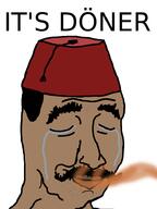 brown_skin closed_eyes closed_mouth clothes crying fez hair hat its_over kebab mustache pun smelling smile soyjak text turkiye variant:chudjak // 703x938 // 58.9KB