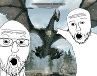 2soyjaks arm dragon glasses hand mustache open_mouth pointing soyjak stubble the_elder_scrolls the_elder_scrolls_v:_(skyrim) variant:two_pointing_soyjaks video_game // 750x593 // 120.5KB