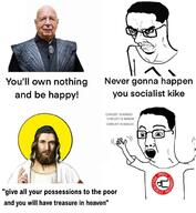 angry arm christianity clothes glasses hair hand jesus klaus_schwab open_mouth pol_(4chan) soyjak subvariant:chudjak_seething text tshirt variant:chudjak // 945x1024 // 184.2KB