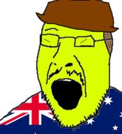 asian australia clothes country flag flag:australia glasses hair hat open_mouth small_eyes soyjak star star_(symbol) stubble variant:jimmyjak yellow_skin // 984x1080 // 123.3KB