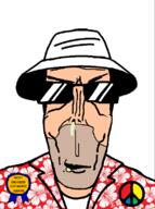award clothes fear_and_loathing_in_las_vegas glasses hat hawaiian_shirt mucus open_mouth peace_sign soyjak stubble subvariant:euromutt sunglasses variant:markiplier_soyjak white_skin // 594x797 // 188.1KB