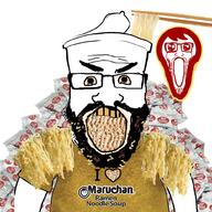 corporation food heart i_love incomprehensible_woahjack logo maruchan maruchan_ramen noodles oh_my_god_she_is_so_attractive open_mouth ramen subvariant:science_lover variant:markiplier_soyjak white_skin yellow_shirt yellow_teeth // 1000x1000 // 175.6KB