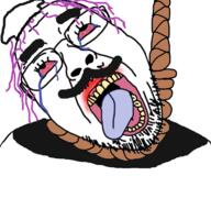 bloodshot_eyes chef chef_hat clothes crying eyelashes glasses hair hanging hat mustache peppino_spaghetti pizza_tower purple_hair rope soyjak suicide tongue variant:bernd video_game yellow_teeth // 768x719 // 467.5KB