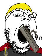 artist:xJanny badge firearm glasses glock gun gun_in_mouth hair hand holding_gun holding_object holding_pistol imminent_death imminent_suicide looking_at_you nate open_mouth pistol soyjak_party stubble suicide text variant:gapejak weapon white_background yellow_hair // 600x800 // 147.1KB