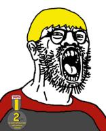 badge clothes glasses nate open_mouth soyjak soyjak_party stubble text variant:gapeboy yellow_hair // 434x533 // 27.1KB
