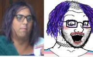 clothes comparison crazed flag glasses hair irl makeup open_mouth purple_hair soyjak stubble subvariant:crazed_troonjak subvariant:soyak_(crazed) tranny variant:soyak // 676x412 // 415.8KB