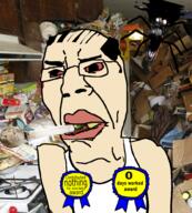 2soyjaks angry arm award balding bloodshot_eyes bug clothes glasses hair irl_background lips methamphetamine neet open_mouth ribbon schizo sleeveless_shirt spider subvariant:schizojak subvariant:suspicious_chudjak thick_eyebrows variant:chudjak variant:markiplier_soyjak white_skin // 900x1000 // 1022.7KB