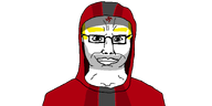blood chudson88_(namefag) closed_mouth clothes front_facing glasses hood looking_at_you meta:namefags nose smile swastika variant:chudjak yellow_hair // 1400x700 // 51.1KB
