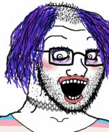 acne balding blush choker clothes crazed eyelashes eyeshadow flag:transgender_pride_flag glasses hair looking_at_you makeup necklace open_mouth purple_hair soyjak stubble subvariant:crazed_troonjak subvariant:soyak_(crazed) tranny variant:soyak white_background // 529x637 // 482.0KB