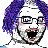 acne balding blush choker clothes crazed eyelashes eyeshadow flag:transgender_pride_flag glasses hair looking_at_you makeup necklace open_mouth purple_hair soyjak stubble subvariant:crazed_troonjak subvariant:soyak_(crazed) tranny variant:soyak white_background // 529x637 // 482.0KB