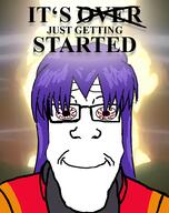 anime bloodshot_eyes closed_mouth clothes drawn_background explosion female its_just_getting_started its_over jacket katsuragi_misato long_hair mushroom_cloud neon_genesis_evangelion purple_hair second_impact smile subvariant:female_markiplier text variant:markiplier_soyjak // 749x947 // 281.6KB