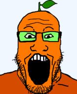 artist:gapenewell bald froot glasses green_glasses leaf looking_at_you open_mouth orange_skin soyjak stubble transparent_background variant:markiplier_soyjak // 600x727 // 7.8KB
