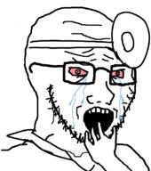 bloodshot_eyes crying doctor glasses hand head_mirror open_mouth scared soyjak stubble variant:soyak // 708x800 // 50.8KB