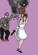 angry beer bottle brown_hair bump chud closed_mouth clothes cookie cooking drawn_background drunk fat full_body glasses hair holding_bottle holding_object manmoder oven smoke soyjak toast toaster trad_wife tranny variant:chudjak // 1080x1567 // 806.0KB