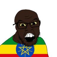 black_skin clothes country countrywar ethiopia flag flag:ethiopia glasses open_mouth palindrome_get small_eyes soyjak stubble variant:feraljak // 1500x1500 // 48.8KB