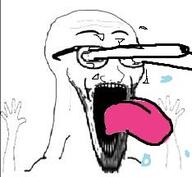 arm eyes_popping glasses hand hands_up open_mouth soyjak spit stubble subvariant:wewjak tongue variant:soyak // 234x216 // 15.3KB