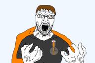 angry award badge brown_eyes brown_hair clothes dan glasses orange_shirt soyjak soyteen variant:dumjacque white_skin // 1500x1000 // 99.9KB