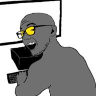 computer glasses grey_skin open_mouth smile soot soyjak soyjak_party stubble variant:zoomer_on_computer // 696x701 // 24.3KB