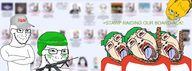 4chan 4cuck angry blurred_background closed_mouth combat_helmet full_body glasses green gun hanged hanging helmet janny makeup military open_mouth operation_clean_stable qa_(4chan) raid rifle rope smug stubble text tongue tranny troon troonella variant:bernd variant:soyak // 1503x556 // 707.9KB