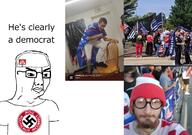 arm clothes donald_trump flag glasses irl nazism pol_(4chan) rent_free shooting sign soyjak swastika text tshirt variant:chudjak // 3032x2136 // 1.0MB