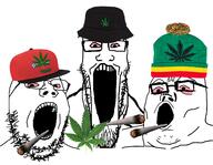 3soyjaks 420 beanie bloodshot_eyes cap clothes dude_weed fedora glasses hat open_mouth palindrome_get smoking soyjak soyjak_trio stretched_mouth stubble variant:gapejak variant:markiplier_soyjak variant:tony_soprano_soyjak weed // 1589x1232 // 924.9KB