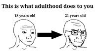 adult arrow bald before_after black_and_white closed_mouth glasses growing stubble subvariant:soyak_(irritated) variant:soyak variant:wojak white_background white_skin wrinkles // 1920x1080 // 295.4KB