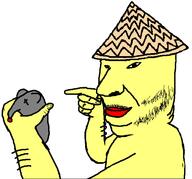 animal arm closed_mouth clothes hand hat holding_object mouse mustache pointing rat rice_hat small_eyes soyjak stubble variant:holdjak x_eyes yellow_skin // 582x542 // 14.8KB