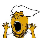 eyebrows glasses hair hand hands_up open_mouth orange_skin pc_master_race stubble variant:excited_soyjak variant:gapejak white_background white_hair white_shirt // 900x750 // 20.9KB