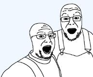 glasses open_mouth overalls series:trios_&_duos soyjak stubble template variant:shroomboy variant:shroomjak wrinkles // 676x559 // 15.5KB