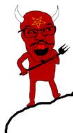 angry black_sclera demon facial_mark forehead_mark full_body glasses holding_object mark_of_the_beast mustache nipple pentagram pentagram_forehead_mark pitchfork red_eyes red_skin red_teeth soyjak stubble text trident variant:feraljak // 447x810 // 12.7KB