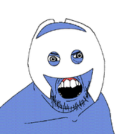 animated blue_background blue_skin clothes demon discord green_eyes hat horn mustache open_mouth red_skin soyjak stubble transformation variant:feraljak yellow_teeth // 680x680 // 955.0KB