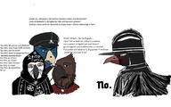 3soyjaks angry animal beak bird clothes furry hat hood military_cap nordic_chad open_mouth pentagram redraw soyjak stubble text variant:chudjak variant:feraljak variant:gapejak yellow_eyes // 1024x638 // 364.1KB