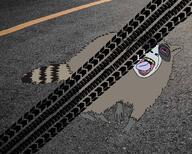 animal bloodshot_eyes crying dead ear full_body glasses irl_background open_mouth raccoon road roadkill soyjak tail tire_marks tongue variant:bernd yellow_teeth // 1020x819 // 214.3KB
