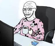 beard chair clothes coffee computer disney glasses grin hand holding_object keyboard meta:tagme mickey_mouse sitting smile stubble variant:soyak wrinkles // 429x360 // 150.2KB