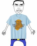 angry arm black_skin blue breast_milk closed_mouth clothes ear glasses hair hand leg nation soyjak stolen subvariant:chudjak_front text tshirt variant:chudjak // 1386x1725 // 432.9KB
