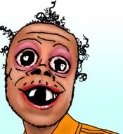 baby bloodshot_eyes brown_skin clothes deformed female hair lips lipstick makeup missing_teeth open_mouth orange_shirt soyjak stubble subvariant:jacobson ugly variant:a24_slowburn_soyjak // 1017x1118 // 526.7KB